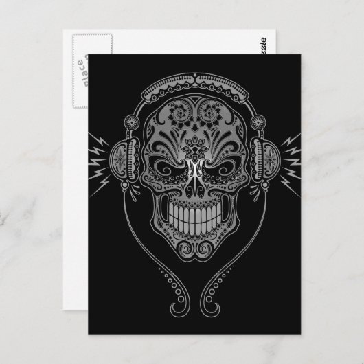 Zwarte DJ Sugar Skull Briefkaart (Voorkant / Achterkant)
