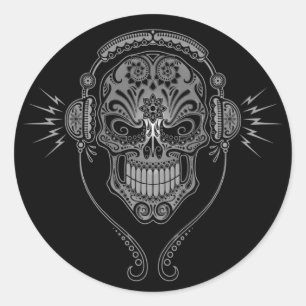 Zwarte DJ Sugar Skull Ronde Sticker