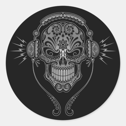 Zwarte DJ Sugar Skull Ronde Sticker (Voorkant)