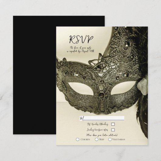  zwarte doder Masquerade Masker Wedding RSVP Kaart (Voorkant / Achterkant)