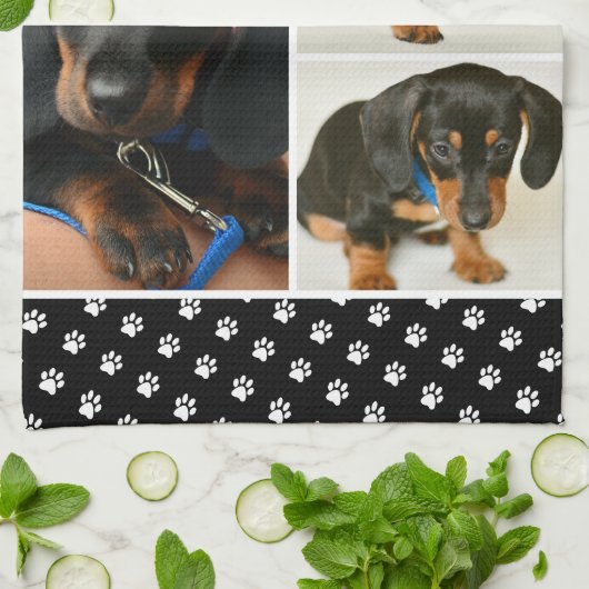 Zwarte dog Pet Lover foto Collage Pawprint Theedoek (Gevouwen)