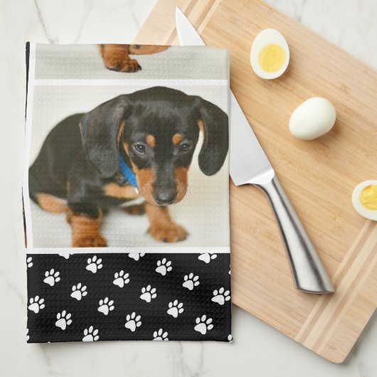 Zwarte dog Pet Lover foto Collage Pawprint Theedoek (Quarter Fold)