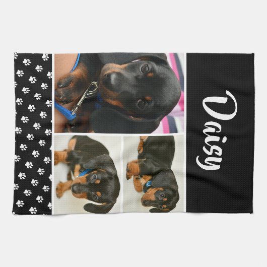 Zwarte dog Pet Lover foto Collage Pawprint Theedoek (Horizontaal)