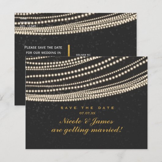 Zwarte donkere nachthemel en slingerlicht Save The Aankondigingskaart (Voorkant / Achterkant)