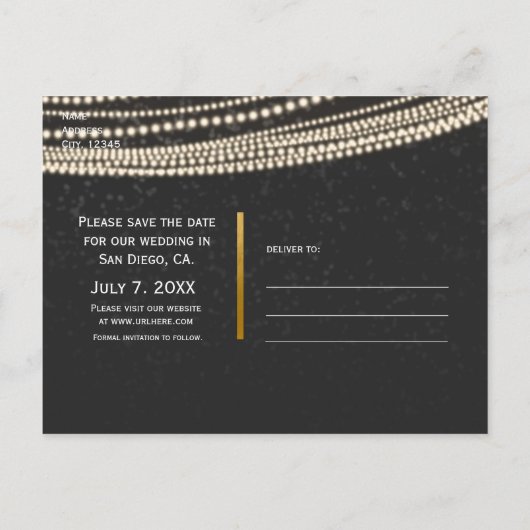 Zwarte donkere nachthemel en slingerlicht Save The Aankondigingskaart (Achterkant)