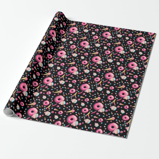 Zwarte Donut Collage Cadeaupapier (Uitgerold)