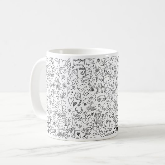 zwarte doodle hand getekende witte mok (Voorkant links)