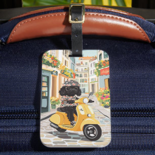 Zwarte Doodle Stepscooter Europese Stadsstraten Bagagelabel