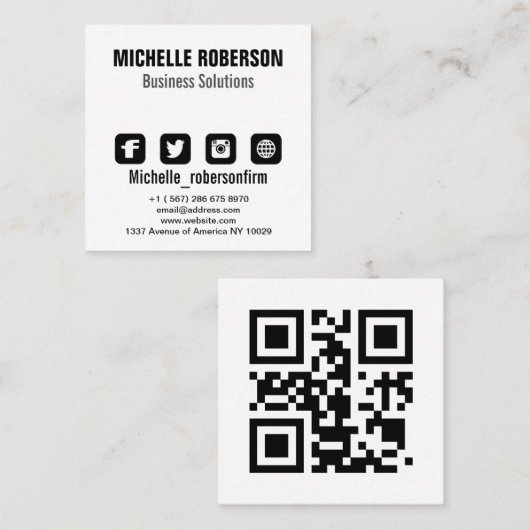 Zwarte doopvont, qr code en symbolen op witte acht vierkante visitekaartje (Voorkant / Achterkant)