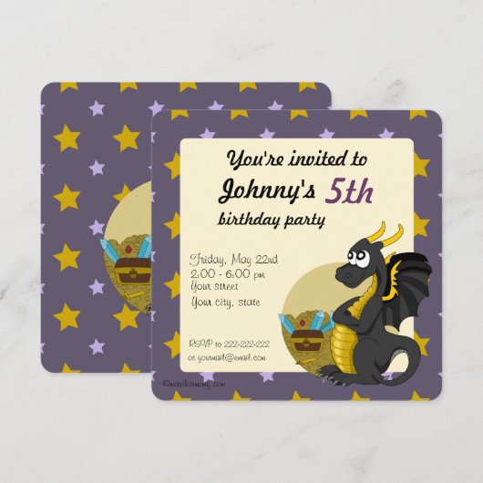 Zwarte draak cartoon geboortedag print uitnodiging (Voorkant / Achterkant)