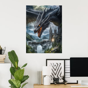 Zwarte Draak die een Gotisch Bergkasteel Bewaakt Poster
