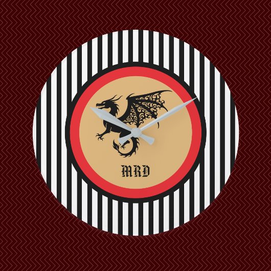 Zwarte Draak met Monogram in Zwarte Witte Strepen Grote Klok