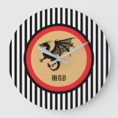 Zwarte Draak met Monogram in Zwarte Witte Strepen Grote Klok (Voorkant)