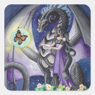 Zwarte draak met vlinderdrakenkunst vierkante sticker