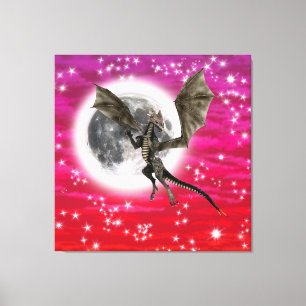 Zwarte Draak - Mythisch Fantasie Wezen Rode Lucht Canvas Afdruk