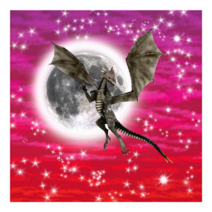 Zwarte Draak - Mythisch Fantasie Wezen Rode Lucht Foto Afdruk