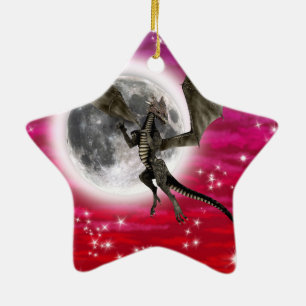Zwarte Draak - Mythisch Fantasie Wezen Rode Lucht Keramisch Ornament
