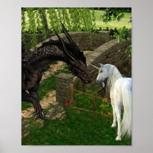 Zwarte Draak ontmoet Eenhorn Fantasie Poster