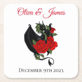 Zwarte Draak Rode Rozen Fantasie Bruiloft Kartonnen Onderzetters (Voorkant)