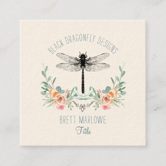 Zwarte dragonfly Floral Square Visitekaartje (Voorkant)