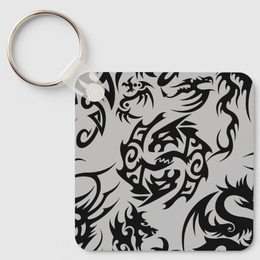 Zwarte draken patroon outline.b Grijs BG Sleutelhanger (Voorkant)