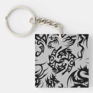 Zwarte draken patroon outline.b Grijs BG Sleutelhanger