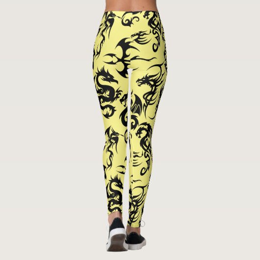 Zwarte draken patroon outline.b L Geel BG Leggings (Achterkant)