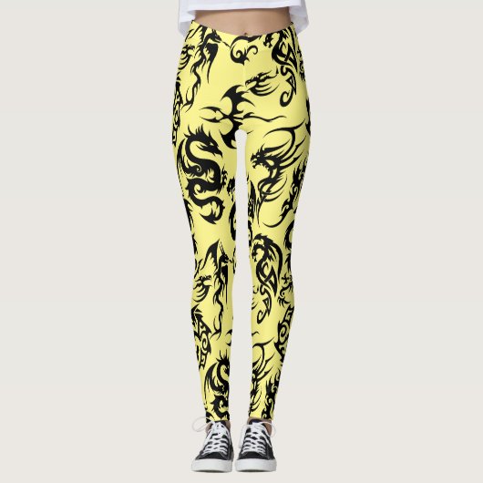 Zwarte draken patroon outline.b L Geel BG Leggings (Voorkant)