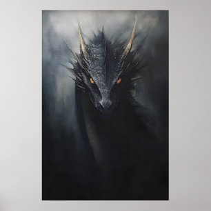 Zwarte drakenmuurprint, sombere goblincore poster