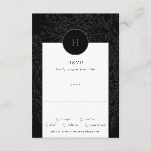 Zwarte Dramatische Elegante Monogram Bloemenkrans RSVP Kaartje (Voorkant)