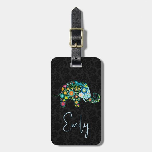 Zwarte dramatronachtergrond schattige olifant bagagelabel (Voorkant verticaal)