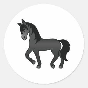 Zwarte Dravende Paard Lieve Cartoon Illustratie Ronde Sticker