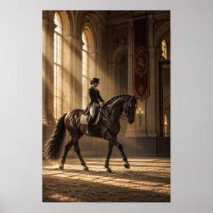 Zwarte dressuurpaard en ruiter in grote rijhal poster