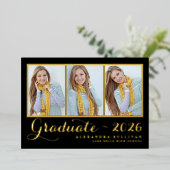 Zwarte Drie Foto Collage Afstuderen Goud Folie Uitnodiging (Staand Voorkant)