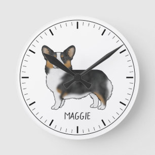 Zwarte driekleurige Pembroke Welsh Corgi en naam Ronde Klok