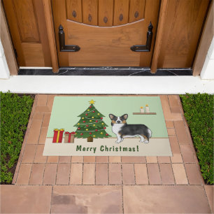 Zwarte driekleurige Pembroke Welsh Corgi Kerstboom Deurmat