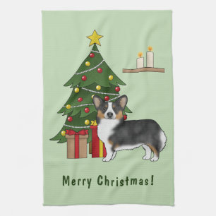 Zwarte driekleurige Pembroke Welsh Corgi Kerstboom Theedoek