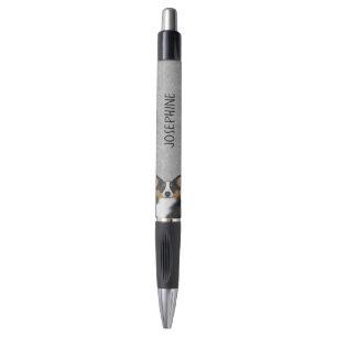 Zwarte driekleurige Pembroke Welsh Corgi kop en na Pen