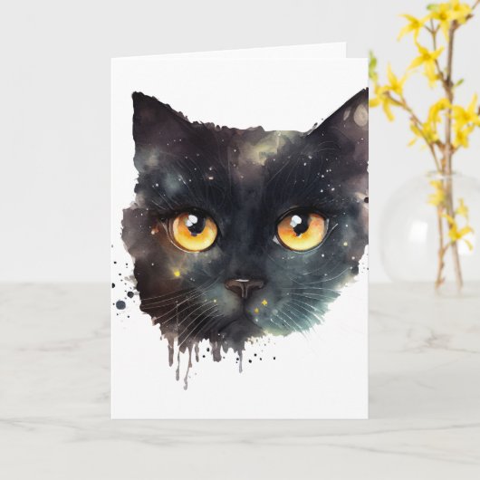 Zwarte druipende waterverf kat kaart (Gele Bloem)