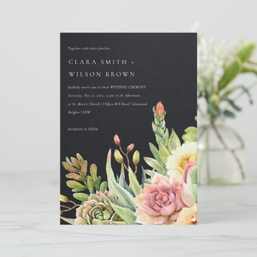 ZWARTE DRUKDESERT SUCCULENT CACTI FOLIAGE WEDDING KAART (Staand voorkant)