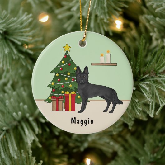 Zwarte Duitse Herder Hond Feestelijke Kerstboom Keramisch Ornament (Boom)
