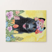Zwarte Duitse Herder Hond met Bloemen Lente Legpuzzel (Horizontaal)