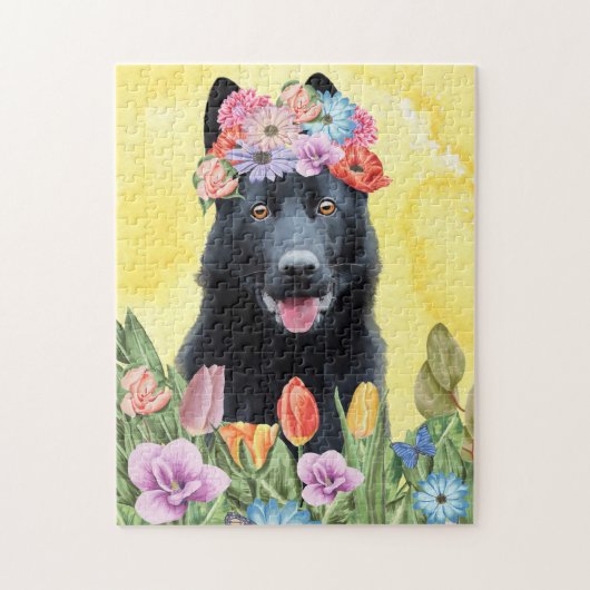 Zwarte Duitse Herder Hond met Bloemen Lente Legpuzzel (Verticaal)