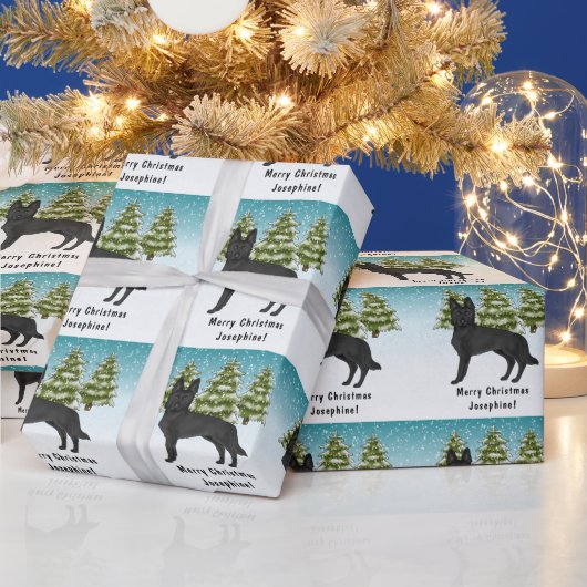 Zwarte Duitse Herder Hond Sneeuwrijk Winterbos Cadeaupapier (Feestdagen)