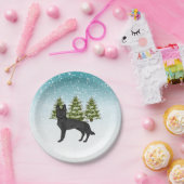 Zwarte Duitse Herder Hond Winter Bosbomen Blauw Papieren Bordje (Feest)