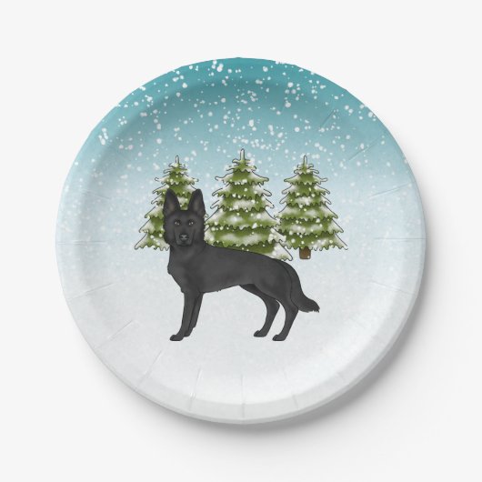 Zwarte Duitse Herder Hond Winter Bosbomen Blauw Papieren Bordje (Voorkant)
