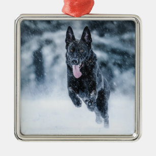 Zwarte Duitse herder in sneeuw Dekbedhoes Metalen Ornament