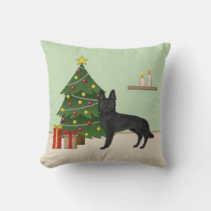 Zwarte Duitse Herdershond en Festieve Kerstboom Kussen