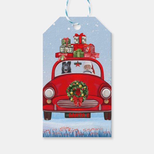 Zwarte Duitse Herdershond in auto met kerstman  Cadeaulabel (Voorkant)