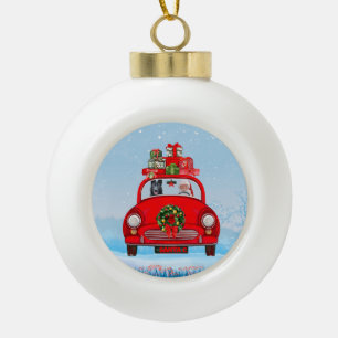 Zwarte Duitse Herdershond in auto met kerstman Keramische Bal Ornament